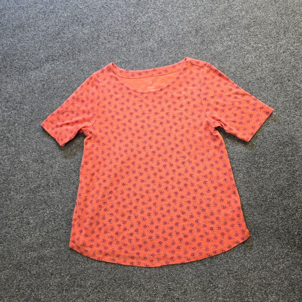 J Jill Top Womens Medium Petite Orange Floral Pima Elbow Sleeve Slub Knit Casual